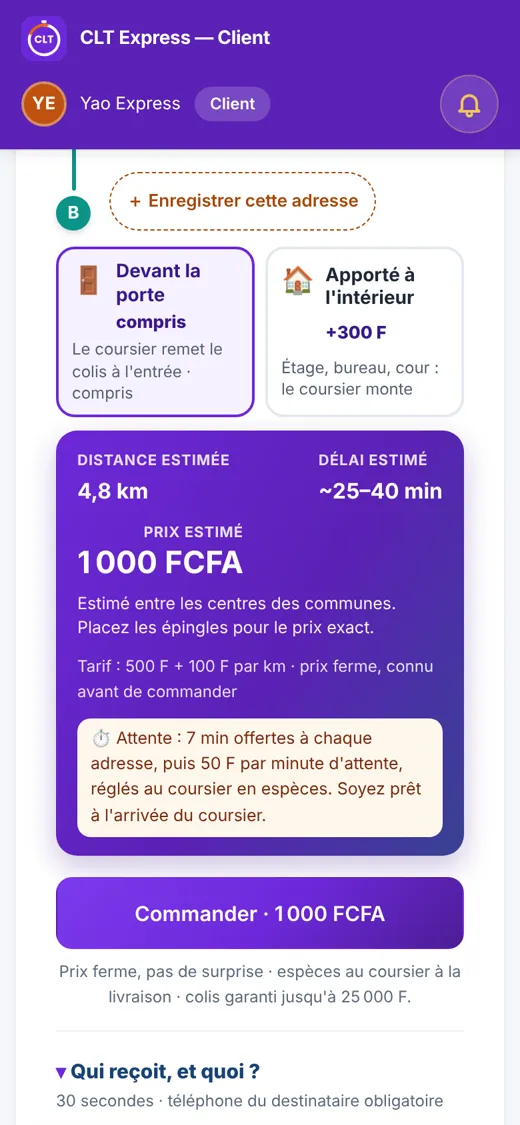 L'écran pour commander une course : le départ, l'arrivée et le prix affiché avant de commander