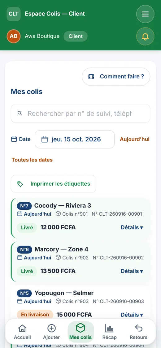 L'écran « Mes colis » d'une vendeuse : chaque colis livré, avec son montant