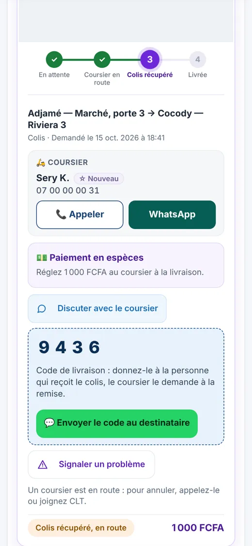L'écran du suivi : les étapes de la course, le coursier et le code de livraison